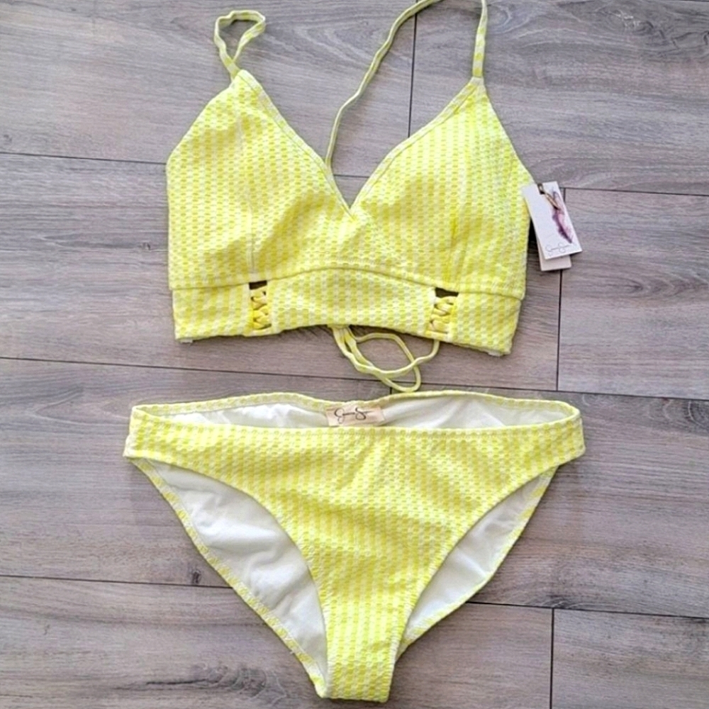 Jessica Simpson yellow bralette bikini top and matching bikini bottom Sz Large